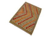 handmade Geometric Kilim Gold Gray Hand-Woven RECTANGLE 100% WOOL area rug 3x5