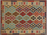 Tribal Turkish Kilim Brigitte Beige/Brown Wool Rug - 5'2'' x 6'10''