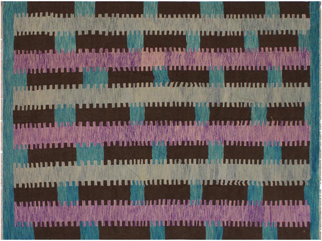 handmade Geometric Kilim Teal Brown Hand-Woven RECTANGLE 100% WOOL area rug 9x10