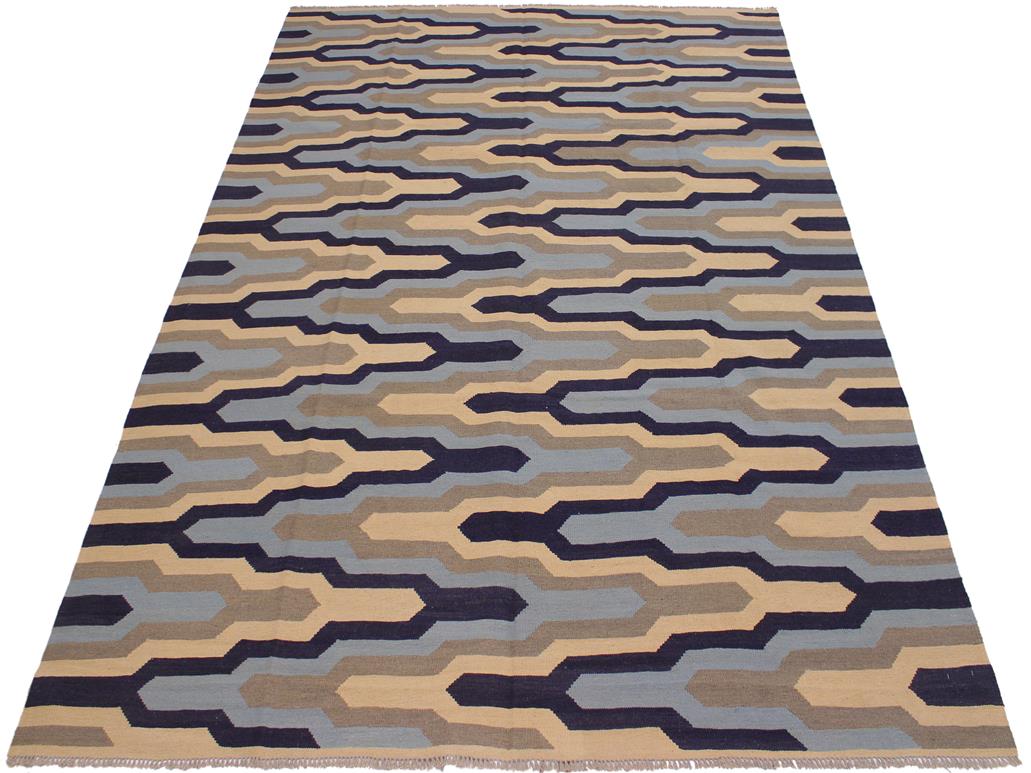 handmade Geometric Kilim Ivory Blue Hand-Woven RECTANGLE 100% WOOL area rug 8x10