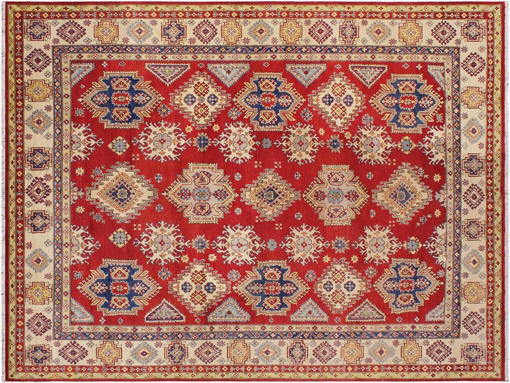 handmade Geometric Kazak Red Beige Hand Knotted RECTANGLE 100% WOOL area rug 9x12