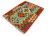 handmade Geometric Kilim Rust Blue Hand-Woven RECTANGLE 100% WOOL area rug 2x3