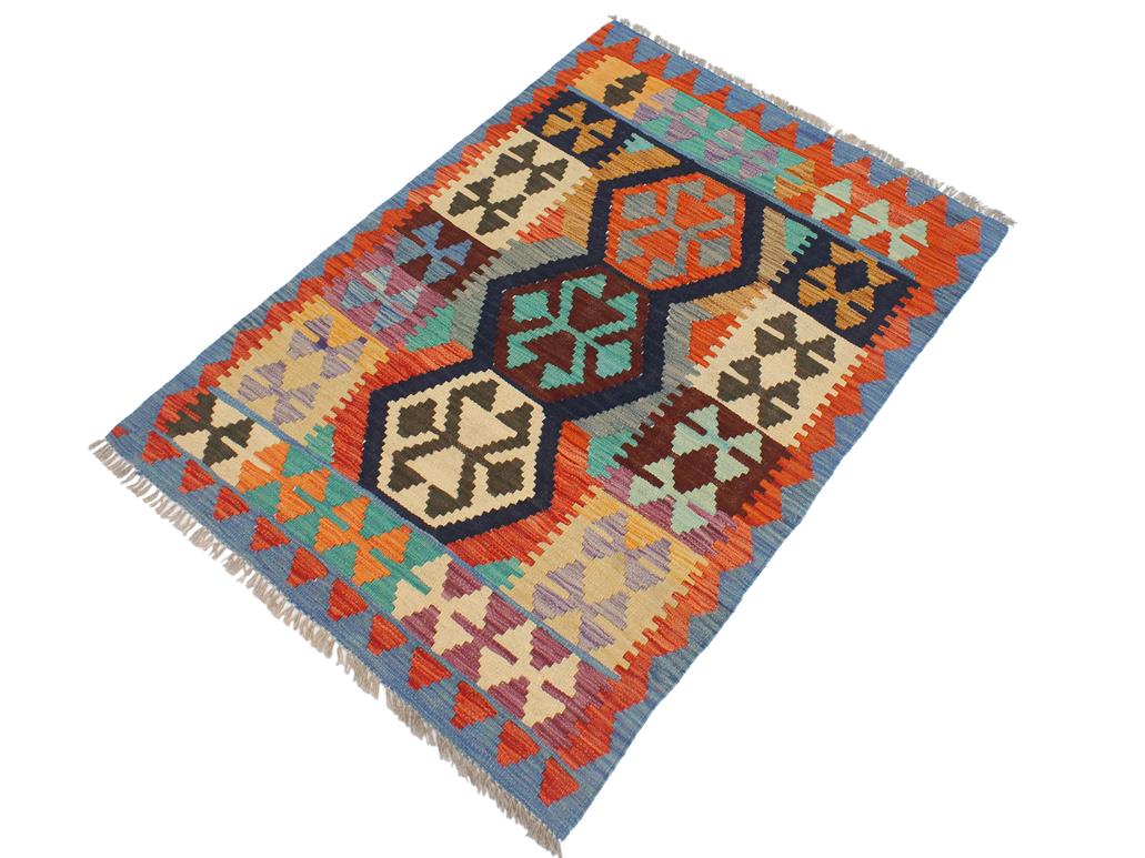 handmade Geometric Kilim Blue Rust Hand-Woven RECTANGLE 100% WOOL area rug 3x4