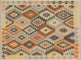 Tribal Turkish Kilim Keith Blue/Beige Wool Rug - 4'10'' x 6'2''