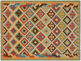 Navaho Turkish Kilim Alfredia Beige/Green Wool Rug - 4'0'' x 5'10''