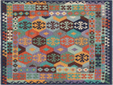 Caucasian Turkish Kilim Flores Rust/Blue Wool Rug - 5'6'' x 7'7''
