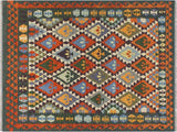 Abstract Turkish Kilim Astrid Beige/Green Wool Rug - 5'1'' x 6'1''