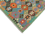 handmade Geometric Kilim Green Blue Hand-Woven RECTANGLE 100% WOOL area rug 5x7