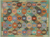 handmade Geometric Kilim Green Blue Hand-Woven RECTANGLE 100% WOOL area rug 5x7