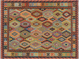 Tribal Turkish Kilim Mandie Blue/Rust Wool Rug - 5'0'' x 6'5''