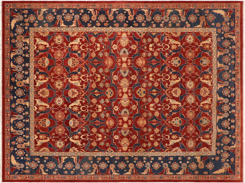 handmade Traditional Lahore Drk. Red Blue Hand Knotted RECTANGLE 100% WOOL area rug 10x14