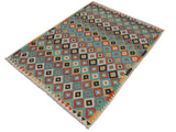 handmade Geometric Kilim Blue Beige Hand-Woven RECTANGLE 100% WOOL area rug 6x8