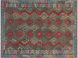 Tribal Turkish Kilim Sophia Green/Red Wool Rug - 5'8'' x 8'1''