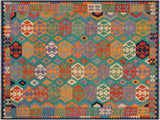 Caucasian Turkish Kilim Levy Green/Blue Wool Rug - 6'0'' x 7'10''