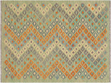 handmade Geometric Kilim Green Blue Hand-Woven RECTANGLE 100% WOOL area rug 4x6