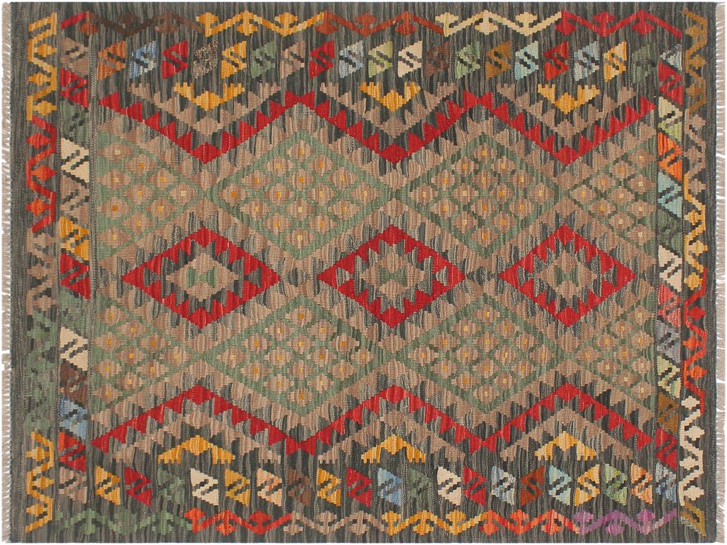 handmade Geometric Kilim Red Green Hand-Woven RECTANGLE 100% WOOL area rug 4x5