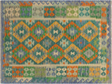 Rustic Turkish Kilim Vance Green/Blue Wool Rug - 3'5'' x 4'11''