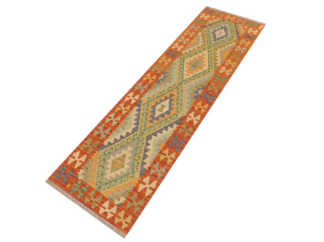 handmade Geometric Kilim Blue Rust Hand-Woven RUNNER 100% WOOL area rug 2x6