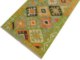 handmade Geometric Kilim Green Rust Hand-Woven RUNNER 100% WOOL area rug 3x8