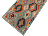 handmade Geometric Kilim Gray Blue Hand-Woven RUNNER 100% WOOL area rug 3x13