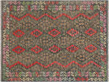 Boho Chic Turkish Kilim Zulma Green/Red Wool Rug - 5'1'' x 6'8''