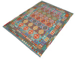 handmade Geometric Kilim Blue Rust Hand-Woven RECTANGLE 100% WOOL area rug 7x10