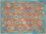 handmade Geometric Kilim Rust Blue Hand-Woven RECTANGLE 100% WOOL area rug 9x11
