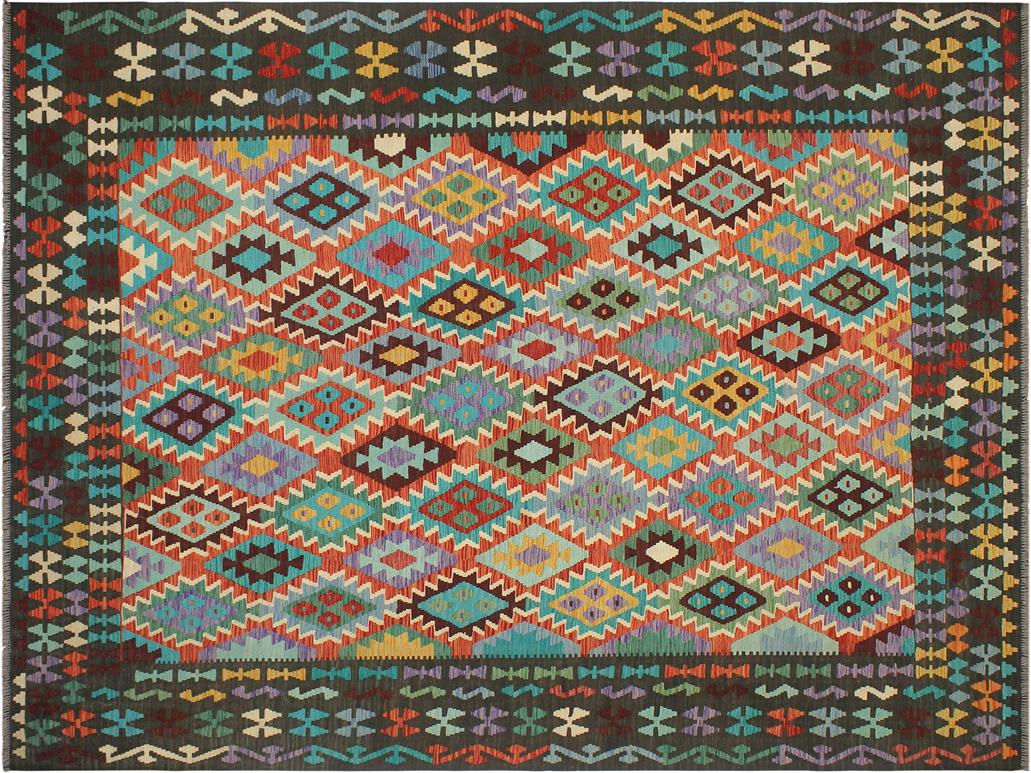 handmade Geometric Kilim Rust Green Hand-Woven RECTANGLE 100% WOOL area rug 8x10