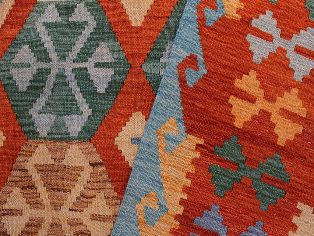 handmade Geometric Kilim Rust Blue Hand-Woven RECTANGLE 100% WOOL area rug 9x10