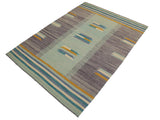 handmade Geometric Kilim Blue Gold Hand-Woven RECTANGLE 100% WOOL area rug 7x10