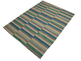 handmade Geometric Kilim Blue Beige Hand-Woven RECTANGLE 100% WOOL area rug 6x10