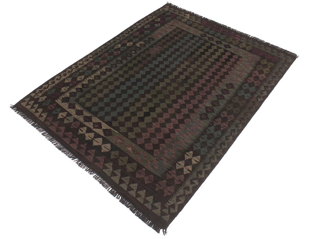 handmade Geometric Kilim Black Green Hand-Woven RECTANGLE 100% WOOL area rug 5x6