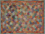 handmade Geometric Kilim Rust Green Hand-Woven RECTANGLE 100% WOOL area rug 10x13