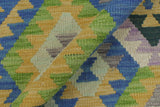 handmade Geometric Kilim, New arrival Blue Gold Hand-Woven RUNNER 100% WOOL area rug 3' x 6'
