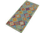 handmade Geometric Kilim, New arrival Blue Orange Hand-Woven RUNNER 100% WOOL area rug 3' x 7'