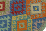 handmade Geometric Kilim, New arrival Blue Orange Hand-Woven RUNNER 100% WOOL area rug 3' x 7'