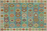 handmade Geometric Kilim, New arrival Blue Beige Hand-Woven RECTANGLE 100% WOOL area rug 8' x 9'