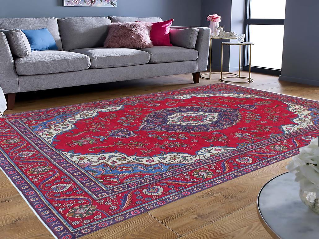 handmade Medallion, Traditional Tabriz Red Purple Hand Knotted RECTANGLE 100% WOOL area rug 9x13