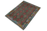 handmade Geometric Kilim, New arrival Charcoal Red Hand-Woven RECTANGLE 100% WOOL area rug 6' x 8'