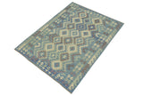 handmade Geometric Kilim, New arrival Blue Beige Hand-Woven RECTANGLE 100% WOOL area rug 5' x 6'