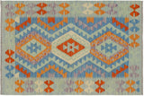 handmade Geometric Kilim, New arrival Blue Rust Hand-Woven RECTANGLE 100% WOOL area rug 3' x 4'