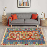 handmade Traditional Kilim, New arrival Red Blue Hand-Woven RECTANGLE 100% WOOL area rug 5' x 6'