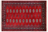 Southwestern Bokhara Conner Red Blue Hand Knotted Rug - 4'1'' x 6'0''