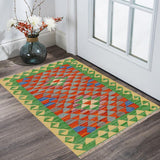 handmade Traditional Kilim, New arrival Gold Green Hand-Woven RECTANGLE 100% WOOL area rug 2' x 3'