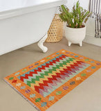 handmade Modern Kilim, New arrival Rust Blue Hand-Woven RECTANGLE 100% WOOL area rug 2' x 3'