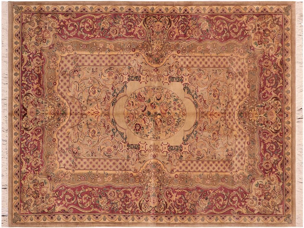 handmade Traditional Abusson Taupe Pink Hand Knotted RECTANGLE 100% WOOL area rug 6x9