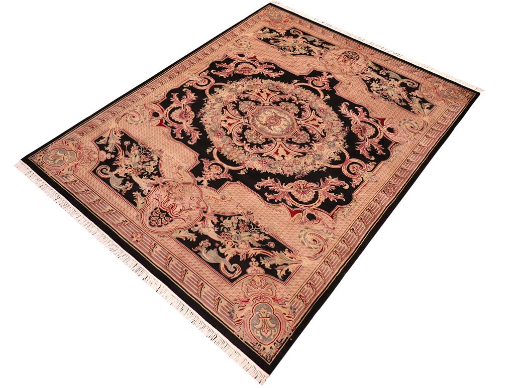 handmade Traditional Savonarrie Black Pink Hand Knotted RECTANGLE 100% WOOL area rug 6x9