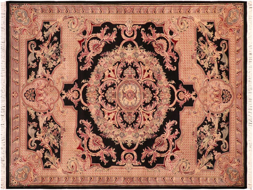 handmade Traditional Savonarrie Black Pink Hand Knotted RECTANGLE 100% WOOL area rug 6x9