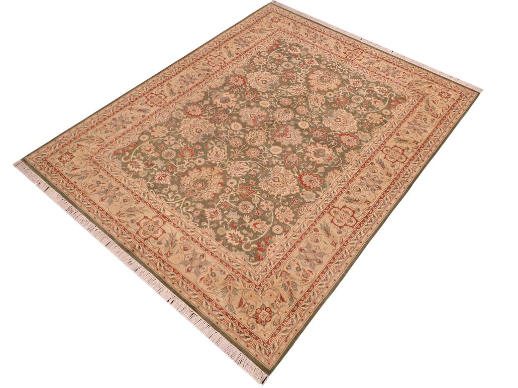 handmade Traditional Mehal Green Beige Hand Knotted RECTANGLE 100% WOOL area rug 6x9