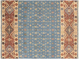 handmade Geometric Khorgeen Blue Beige Hand Knotted RECTANGLE 100% WOOL area rug 5x8
